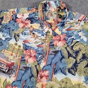 Vtg Tori Richard Shirt Mens XL Blue Hawaiian Aloha Surf Scenic Classic Car Rayon